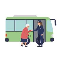 Senior woman interacting with bus driver in flat illustration style vector