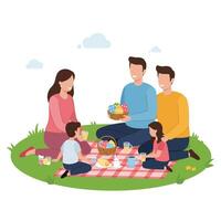 Family enjoying picnic with colorful eggs in flat art vector