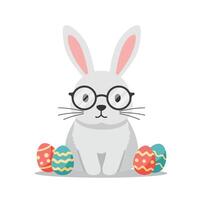 Cute rabbit wearing glasses with colorful Easter eggs in flat art vector