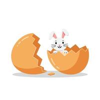 Cute rabbit emerging from cracked egg in flat illustration vector