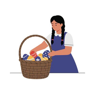 Girl placing colorful Easter eggs in a woven basket flat art