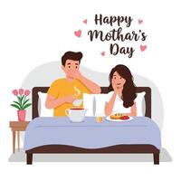 Couple enjoying breakfast in bed for Mothers Day in flat art vector