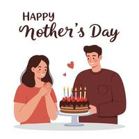 Celebration of Mothers Day with a cake in flat art style vector