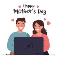 Couple celebrating Mothers Day with computer in flat, cheerful illustration vector