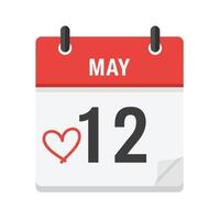 Calendar icon displaying May 12 with heart symbol in flat art vector