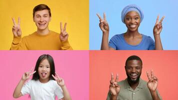 This lively collection features happy individuals from various backgrounds expressing joy with V gestures. Their colorful attire and bright backgrounds enhance the positive atmosphere of achievement. video