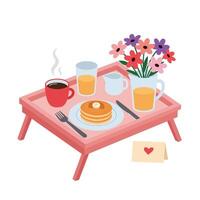 Breakfast tray featuring pancakes, coffee, juice, and flowers in flat art vector