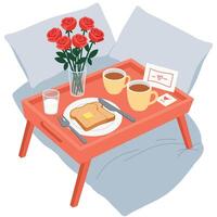 Cozy breakfast in bed with roses and coffee in flat art vector