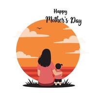 Mother and child enjoying sunset in minimal flat design art vector