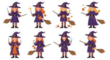 Witch character transformation sequence in detailed flat art vector