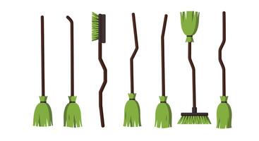 Various broom designs featuring green bristles in flat illustration style vector