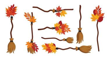 Brooms with Colorful Leaves in Flat Design Style Art vector