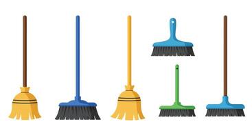 Colorful broom set in flat design showcasing various styles and sizes illustration vector