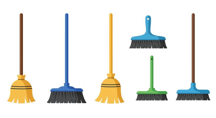 Colorful broom set in flat design showcasing various styles and sizes illustration