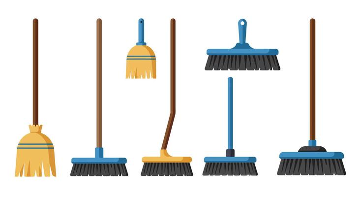 Various broom designs in flat style showcasing cleaning tools in art a