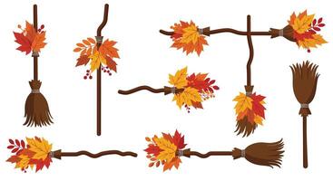 Broomsticks with Colorful Autumn Leaves in Flat Art Style vector