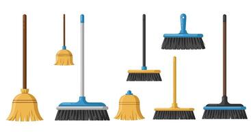 Cleaning tools arrangement with different brooms in flat design art vector