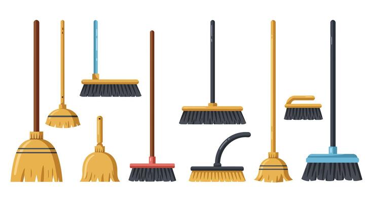 Various broom designs in flat style showcasing cleaning tools in art 2
