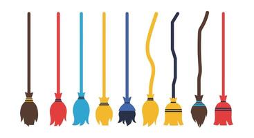 Colorful broomsticks in various shapes and sizes in flat art vector
