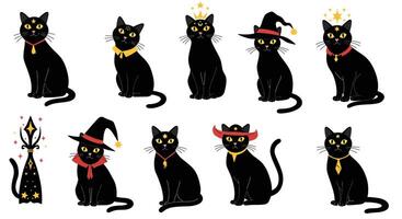 Black cats dressed in various costumes with playful expressions in flat art vector
