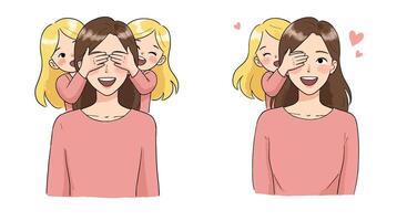 Two frames showing playful interaction between a woman and a girl in flat art vector