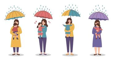 Mother holding child under colorful umbrellas in flat art style vector