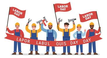 Labor Day celebration with workers holding tools and flags in flat art vector