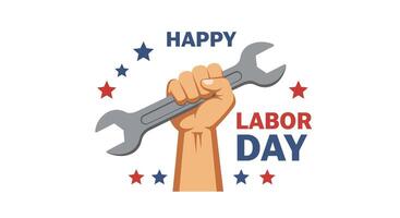 Hand holding wrench with stars and text in flat design for Labor Day illustration vector