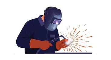 Welder in action using tools with sparks flying in flat art vector