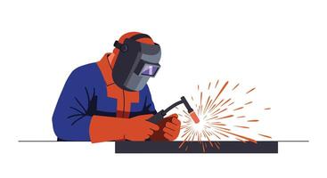 Welder in Action Creating Sparks with Modern Equipment in Flat Art vector