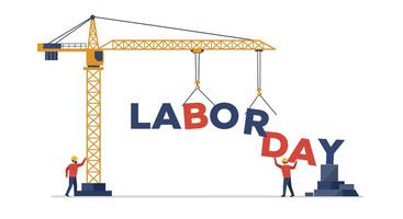 Construction workers assembling Labor Day letters in flat art style vector