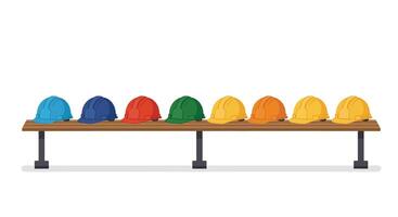 Colorful hard hats arranged on a wooden shelf in flat art vector