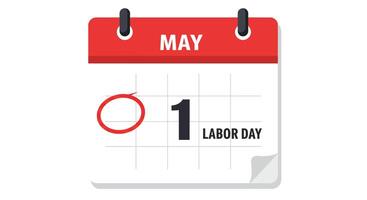 Calendar illustration showing May first with a red circle and flat art vector