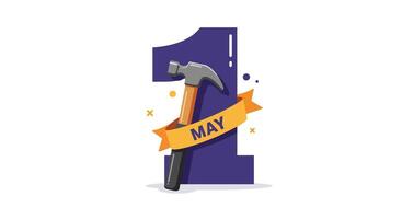 Hammer tool with bold number one and May banner in flat illustration vector