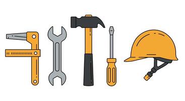 Tools including a wrench hammer screwdriver and hard hat in flat art vector