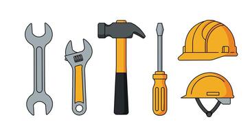 Tools including wrench, hammer, screwdriver, and helmet in flat illustration vector