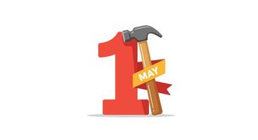 Red number one with hammer and May ribbon in flat art vector