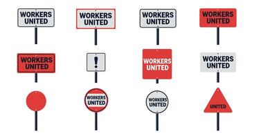 Signs representing Workers United in minimal art style showcasing various shapes and colors in transitions vector