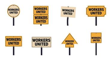 Signs displaying Workers United message in flat art style with various shapes and colors vector