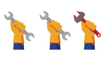 Hand holding tools in sequence detailed illustration showcasing wrench and adjustable pliers art vector