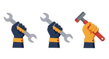 Hand holding wrench transforming into hammer in flat art vector