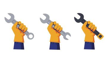 Hand holding different wrenches in flat style illustration vector