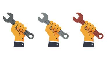 Hand holding wrench in three color variations in flat art vector
