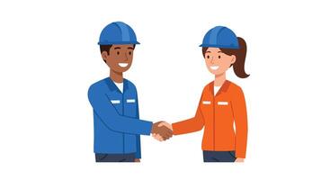 Two construction workers shaking hands in flat style art vector