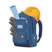 Blue backpack with construction tools and plans in flat art vector