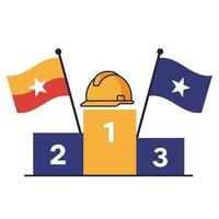 Construction podium with flags and helmet in minimal flat art vector