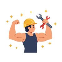 Strong construction worker flexing muscles with tools in flat art vector
