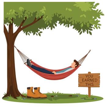 relajante hombre en hamaca debajo árbol en plano Arte estilo vector