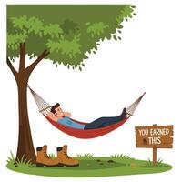 Man relaxing in a hammock under a tree with boots and a sign in flat art vector