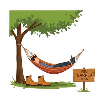 relajante hombre en hamaca debajo árbol con botas y firmar en plano Arte vector